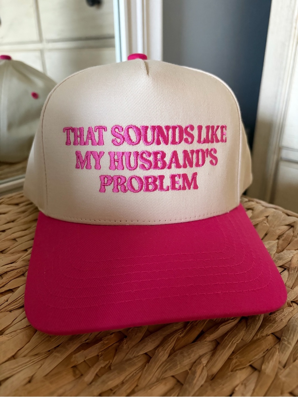 Cream and Hot Pink Embroidered Trucker Hat